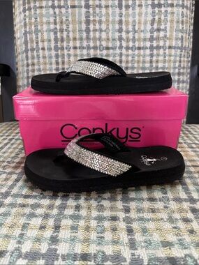 Corkys Black Flip Flop Sandals with Silver Woven Straps
